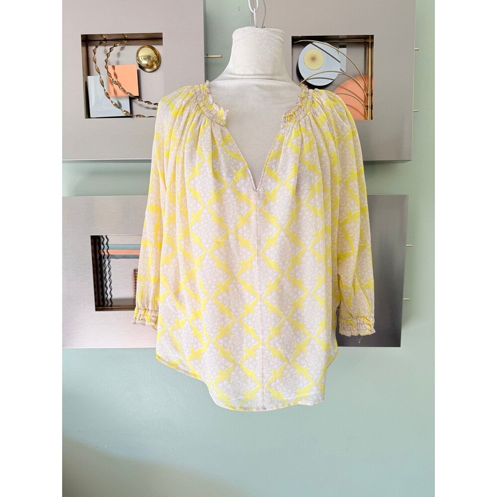 Diane Von Furstenberg Yellow and White Patterned Peasant Blouse